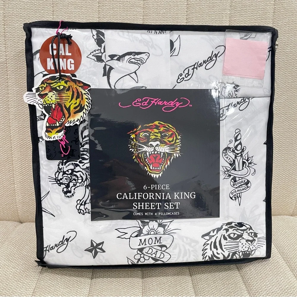 NEW Ed Hardy 6 Piece California King Sheet Set Tattoo Graphic Print White Black